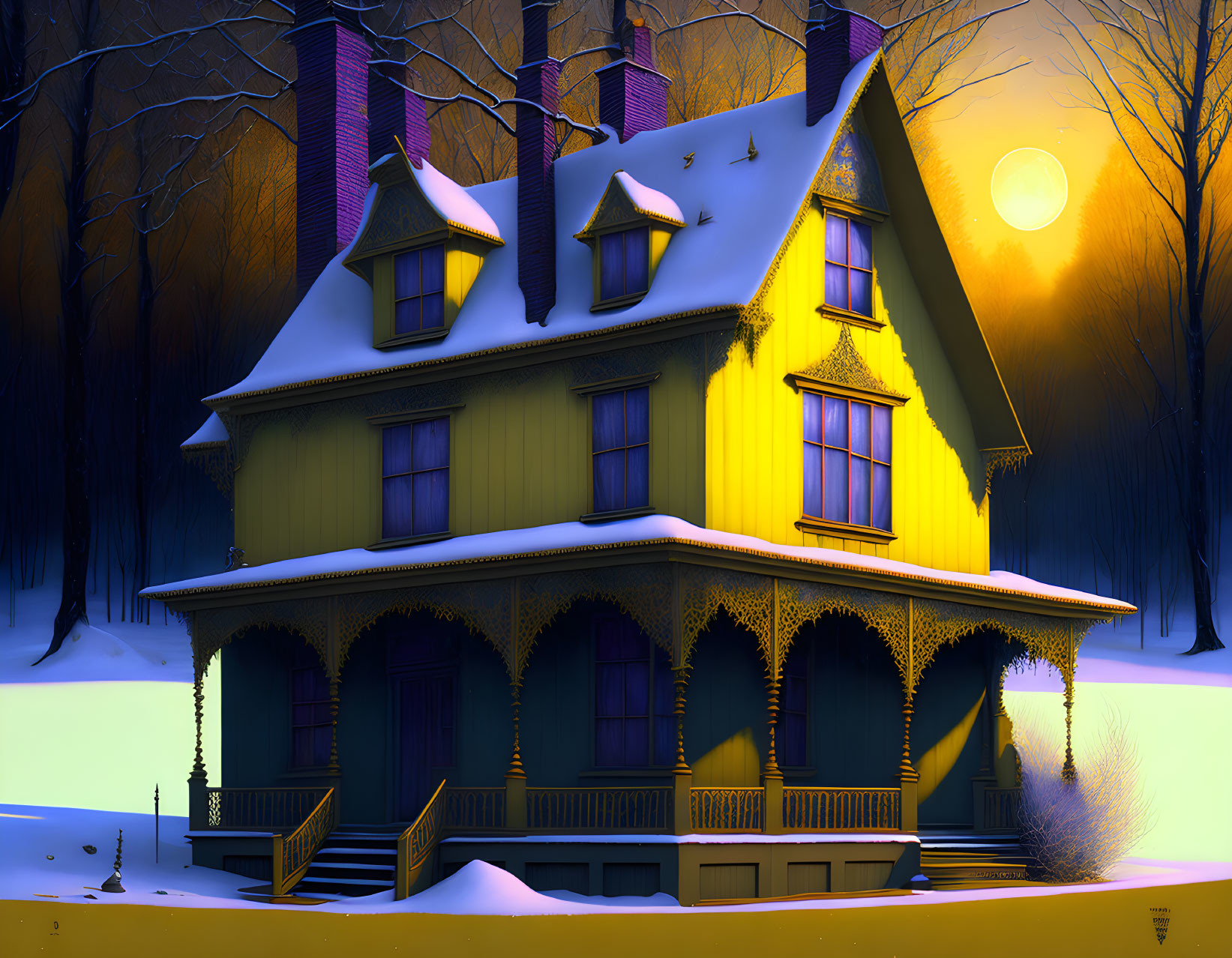 Cozy two-story yellow house in snowy twilight landscape