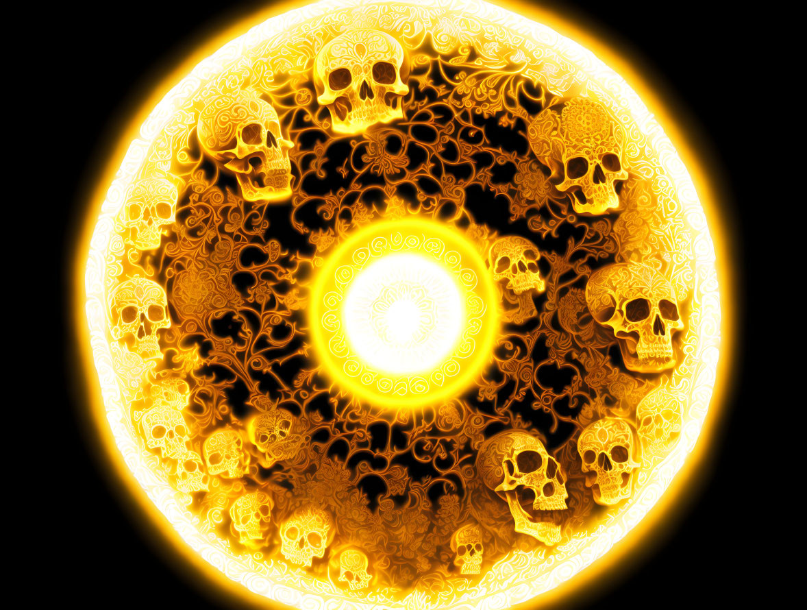 Glowing fractal flame pattern with skull shapes in yellow, orange, and black