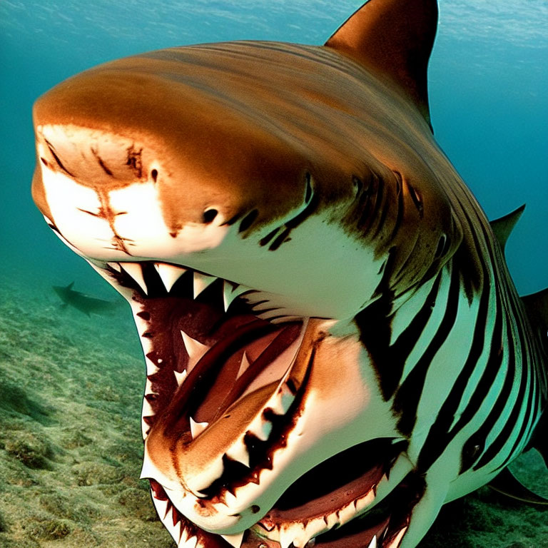 Detailed 3D rendered shark with sharp teeth in underwater scene