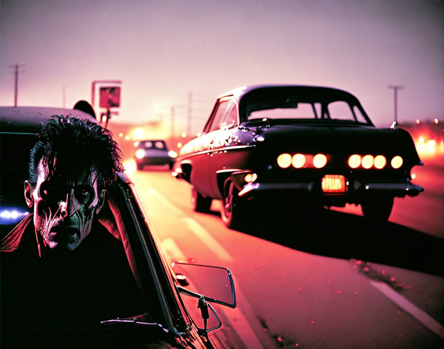 Distressed man with face paint in car at night with red lighting