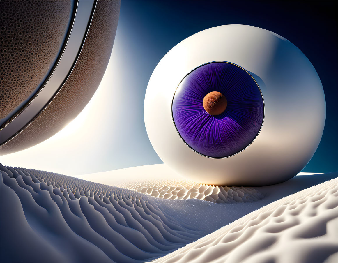 Surreal landscape with large eyeball-like structure and textured sphere under blue sky