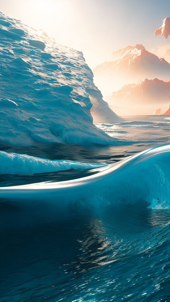 Serene polar landscape with icy foreground and sunlit cliffs