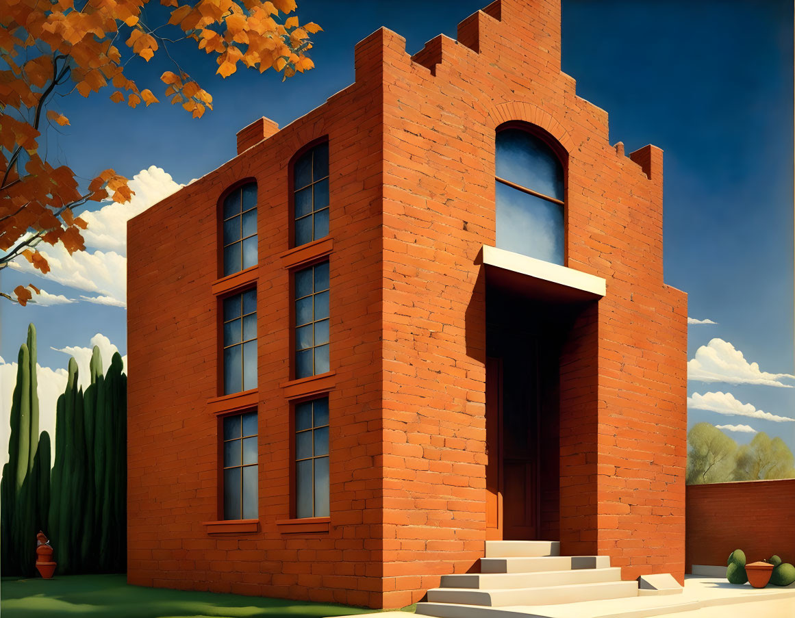 Brick two-story building with crenellated parapet in nature scene