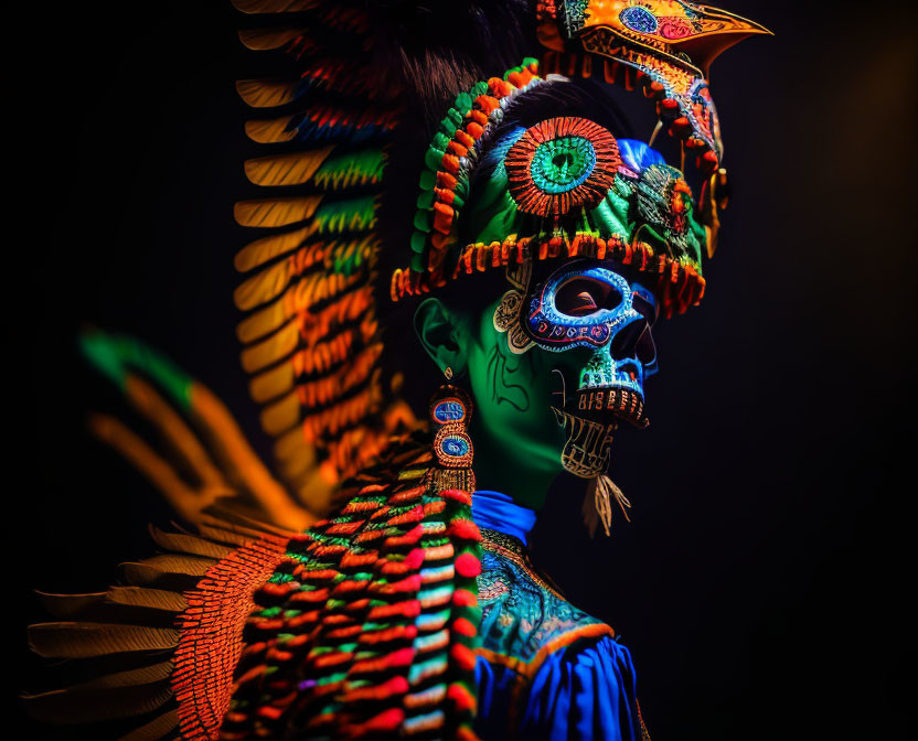 Indigenous person with traditional face paint and feathered headdress in dark setting