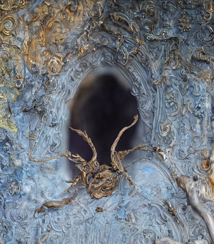 Detailed close-up of ornate metalwork with intricate swirls and textures surrounding a central dark cavity.