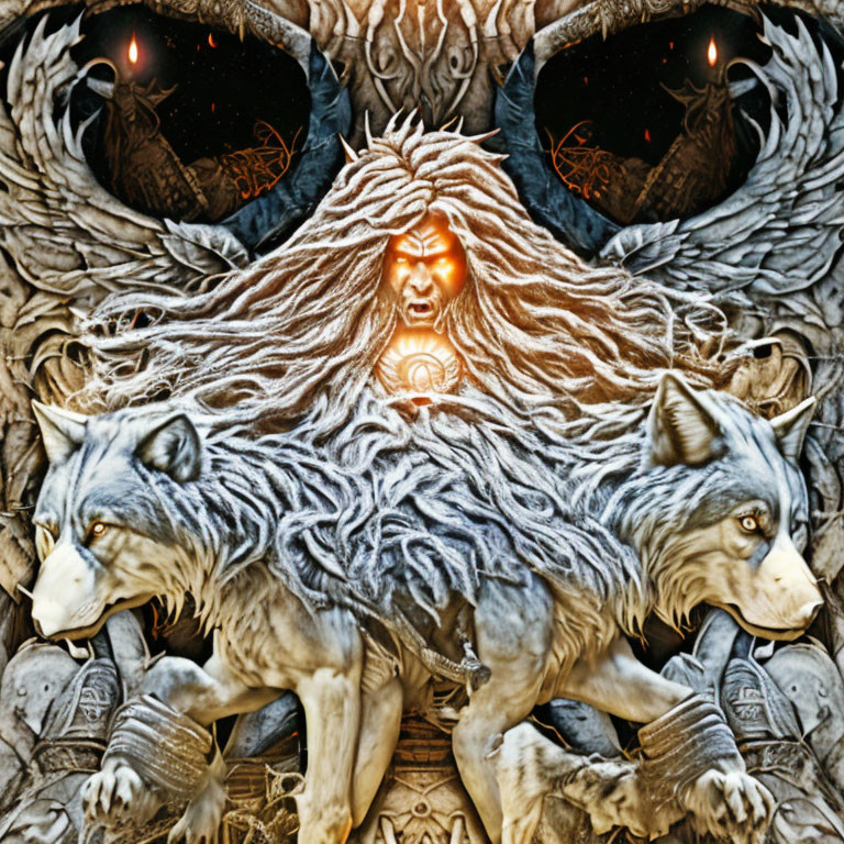 Fantasy-themed image with lion-faced humanoid, wolves, bones, and glowing eyes