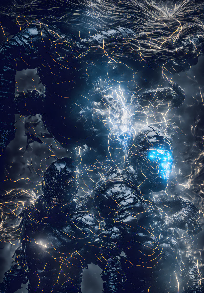 Dark, muscular figure with glowing blue eyes surrounded by crackling lightning and swirling energy