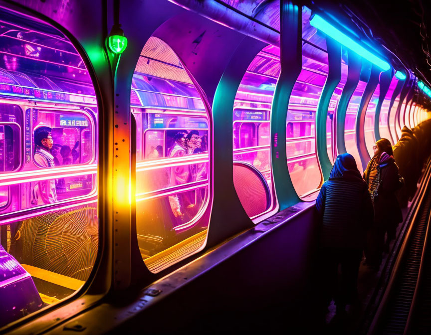 Neon-lit subway station with colorful train and waiting passengers