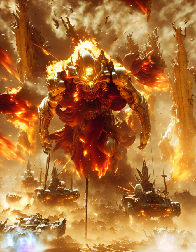 Armored figure with fiery cape in dramatic sci-fi scene