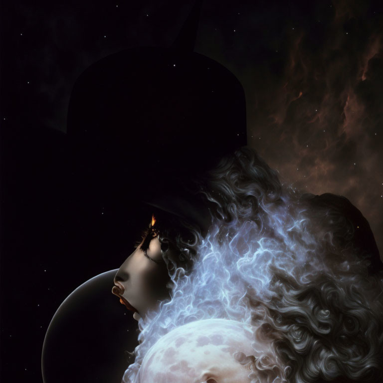 Surreal woman's profile with cosmic backdrop and cloud-blended hair