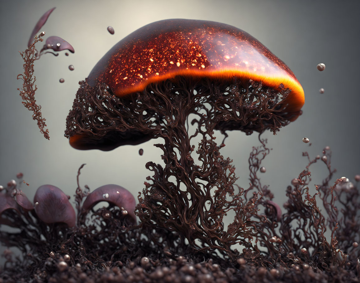 Orange Glowing Cap Mushroom in Surreal Earthy Setting