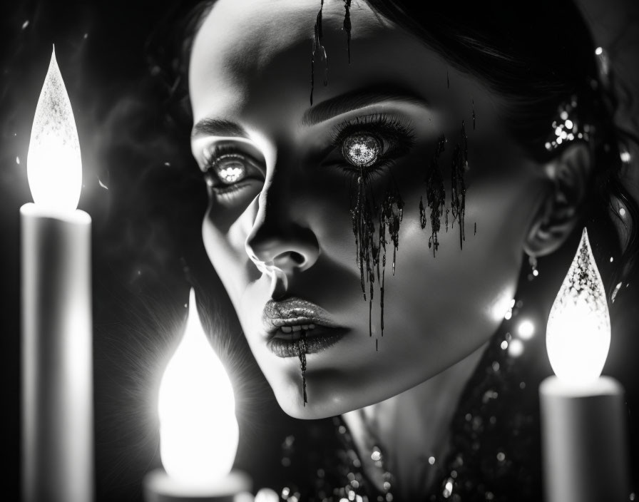 Monochromatic portrait of a woman with dramatic makeup and black tears, flanked by lit candles