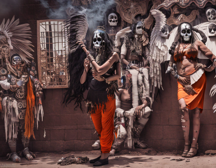 People in elaborate Dia de los Muertos attire with feathers and skulls in cultural setting