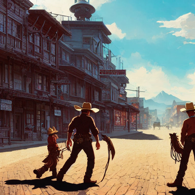 Three cowboys in a dusty Western street, two duel, one child with adult, old town backdrop