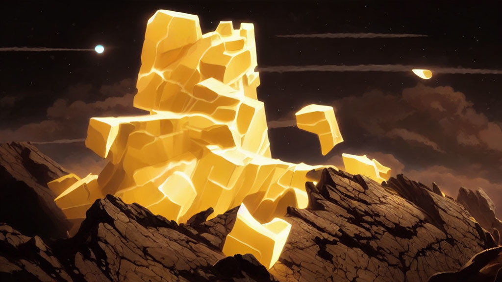 Golden crystal-like structure on rocky terrain under starry night sky