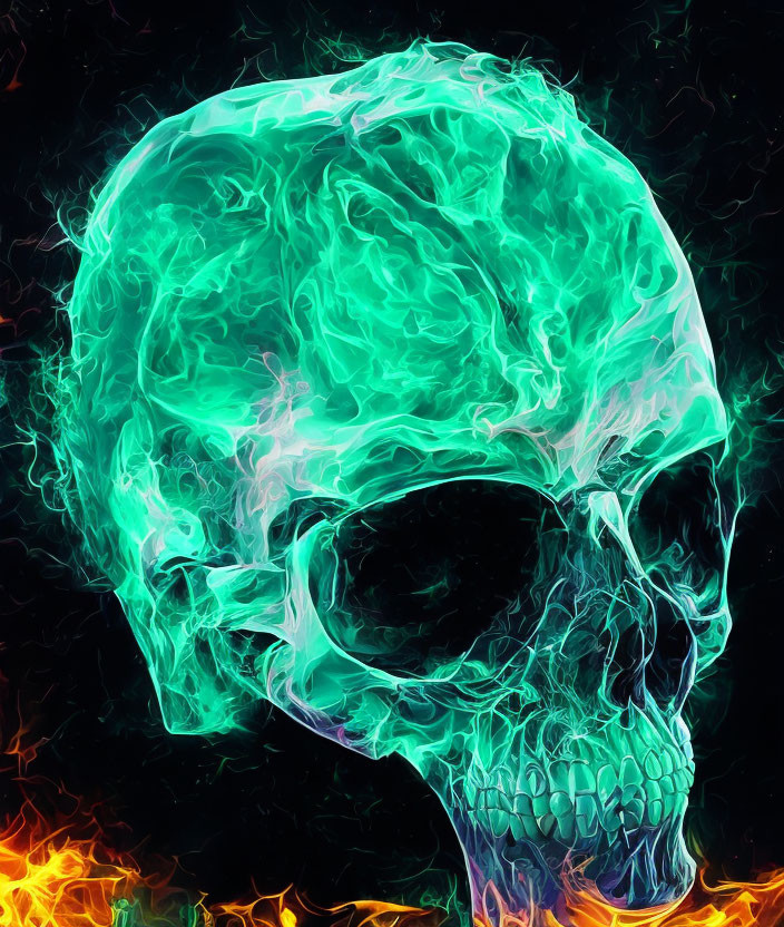 Neon Green and Blue Human Skull in Fiery Flames