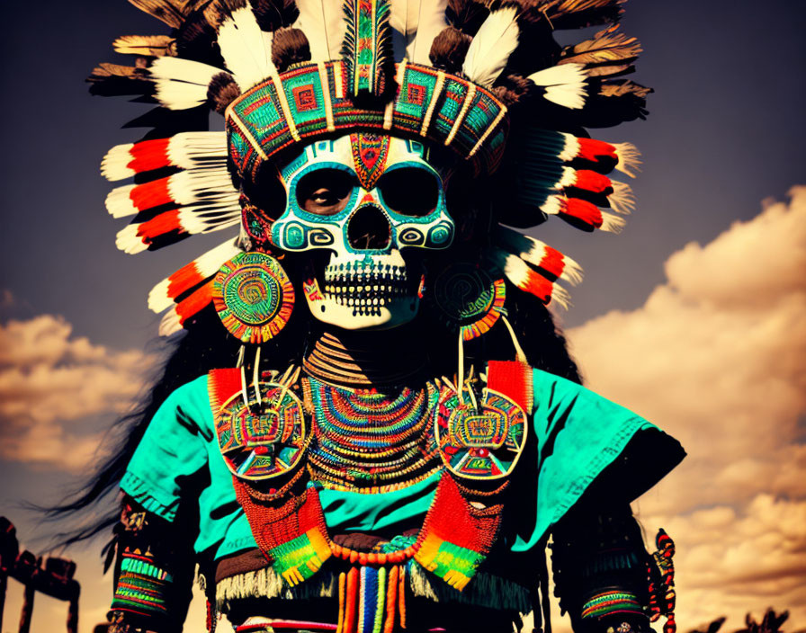 Person in Native Attire with Skull Face Paint and Feather Headdress against Blue Sky