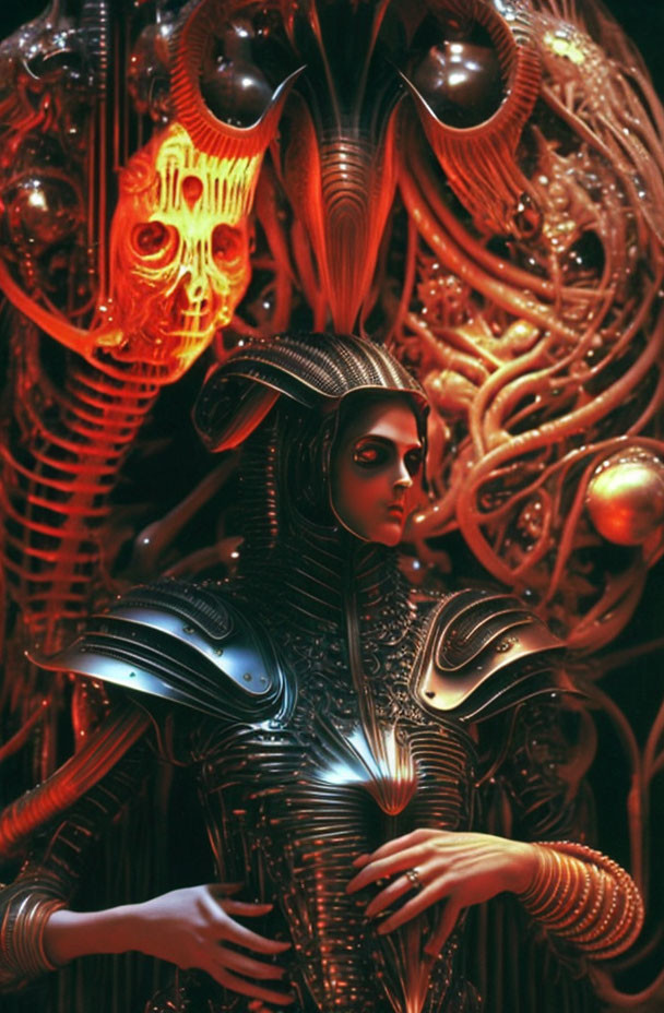 Sci-fi armor-clad figure in front of glowing mechanical backdrop