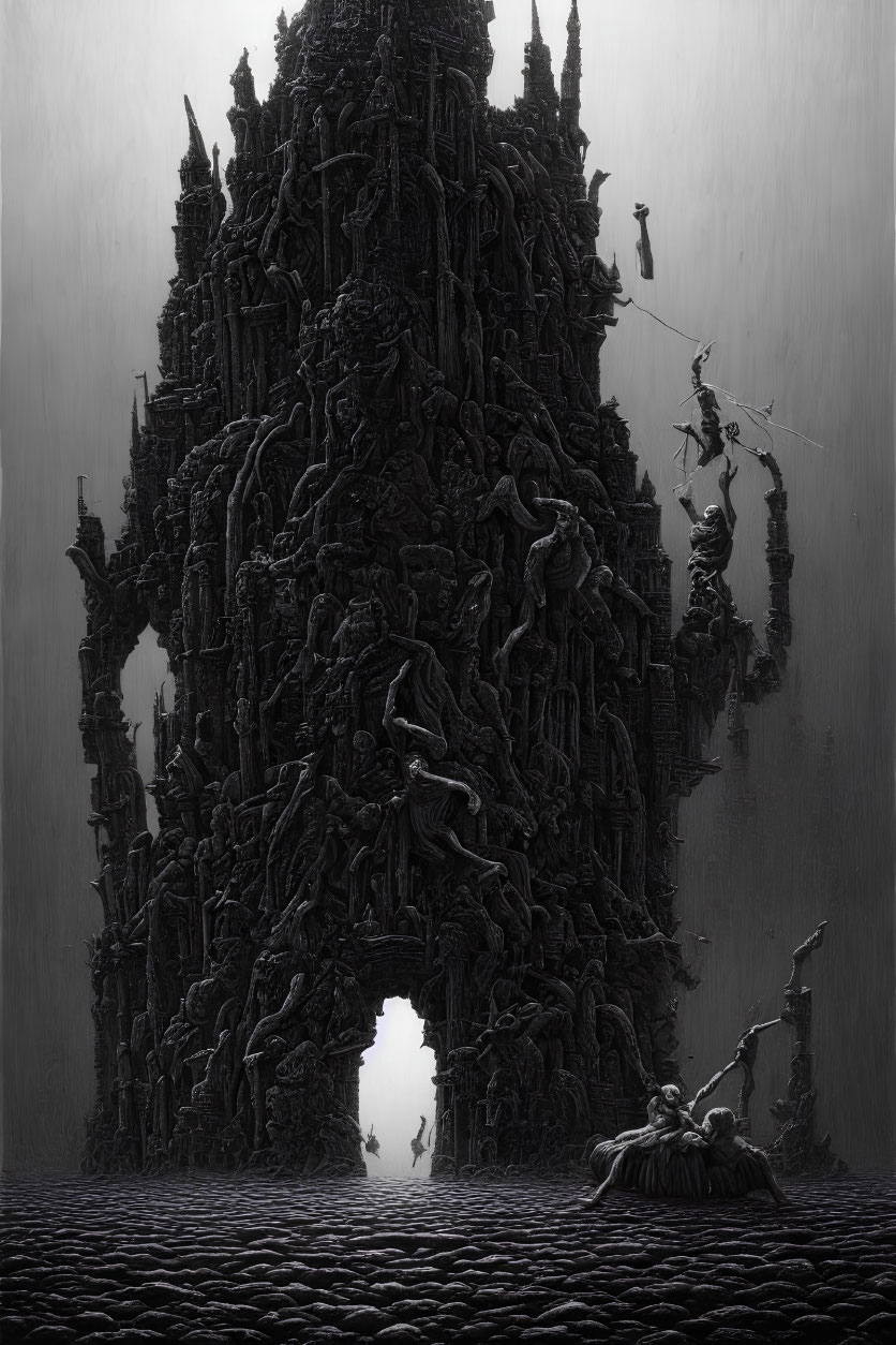 Dark gothic tower with intricate designs and statues under a gloomy sky