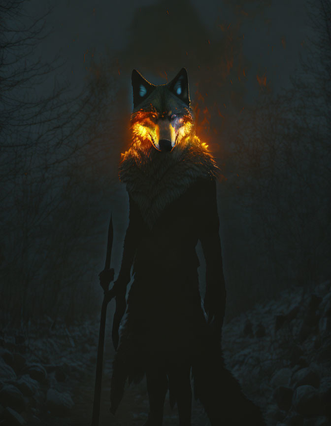 Wolf-headed figure with glowing eyes in misty forest with spear and embers.