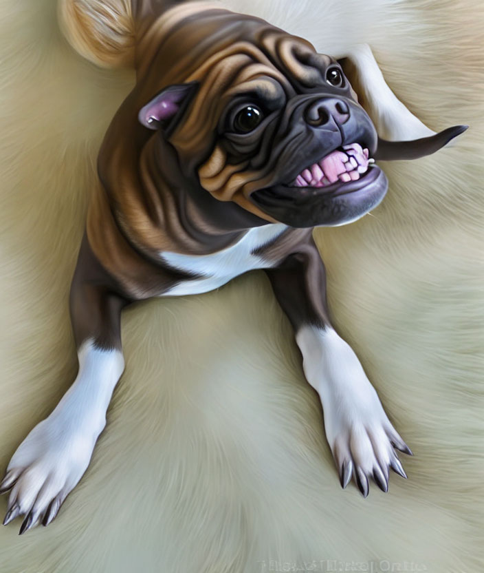 Smiling brown and white dog with exaggerated features on beige surface