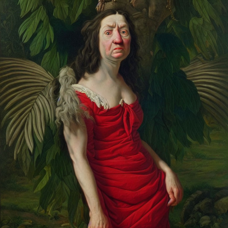 Classical painting style meets modern elements with figure in red dress and wings against leafy background