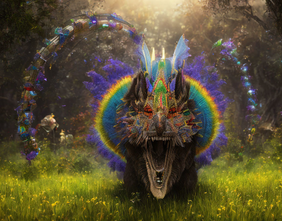 Colorful mystical creature in ornate headdress in enchanted forest.