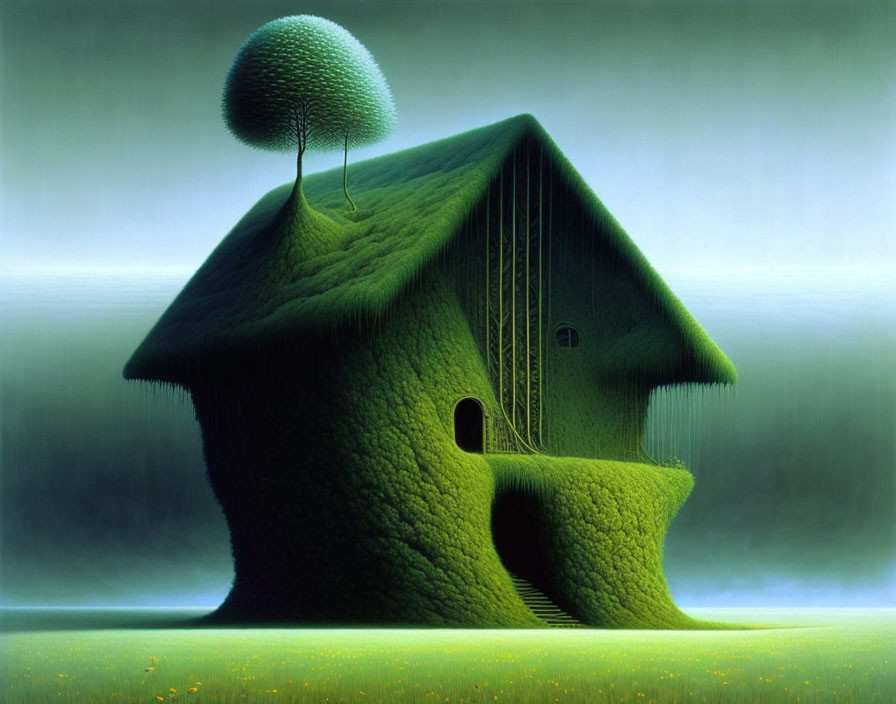 Surreal illustration: house shaped like head with grass, tree, staircase.