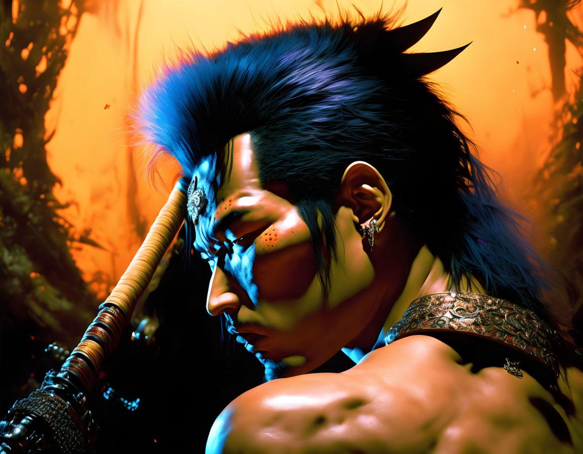 Warrior with blue mohawk and face paint in fiery orange setting