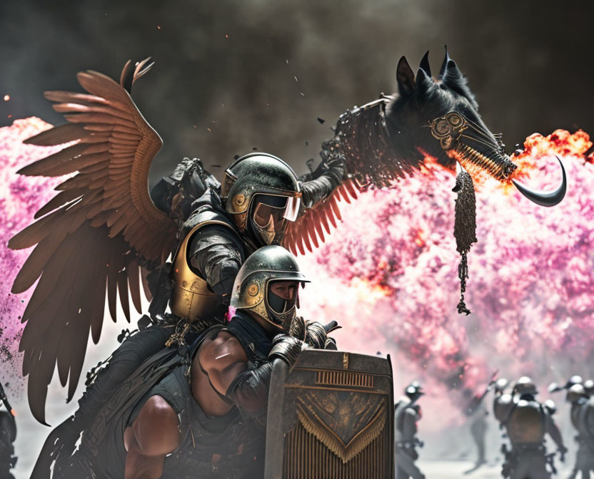 Fantasy warrior with wings and helmet on fierce creature in fiery battlefield.