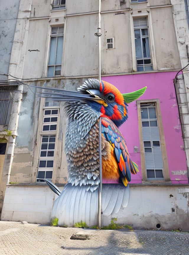 Colorful bird mural on building corner with beak around street pole