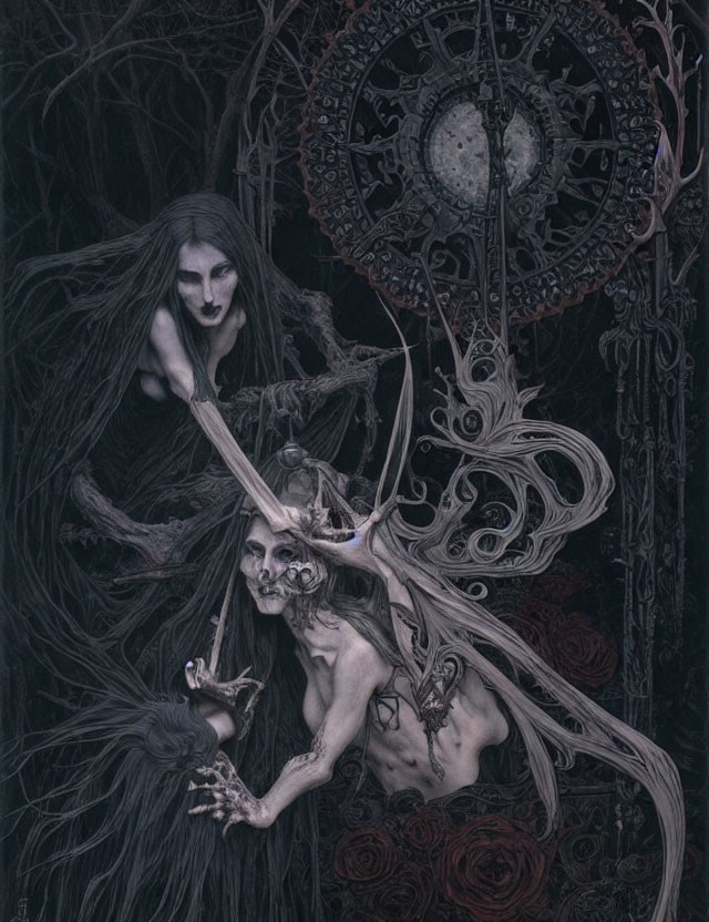 Pale ghostly woman with skull, roses, and mystical clock in dark fantasy art