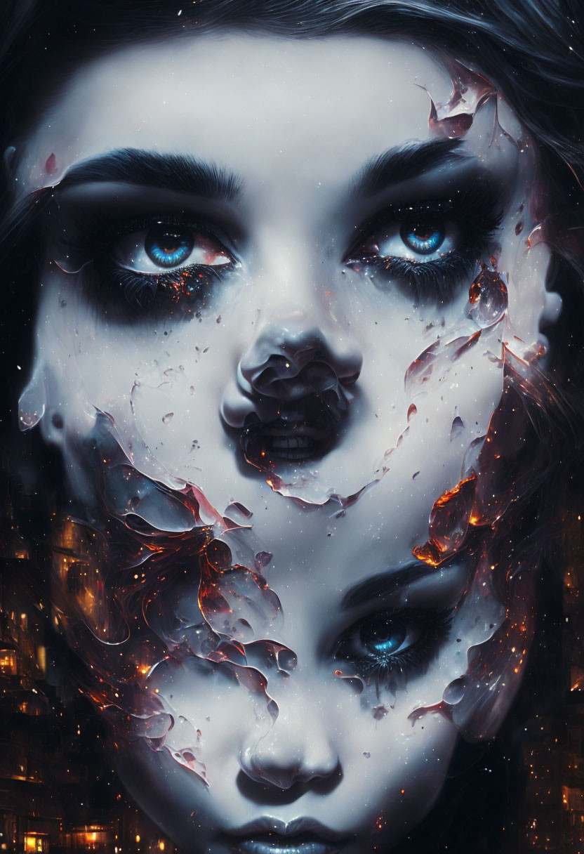 Digital artwork: Woman's face merges with cityscape, intense blue eyes, fragmented visage, glowing