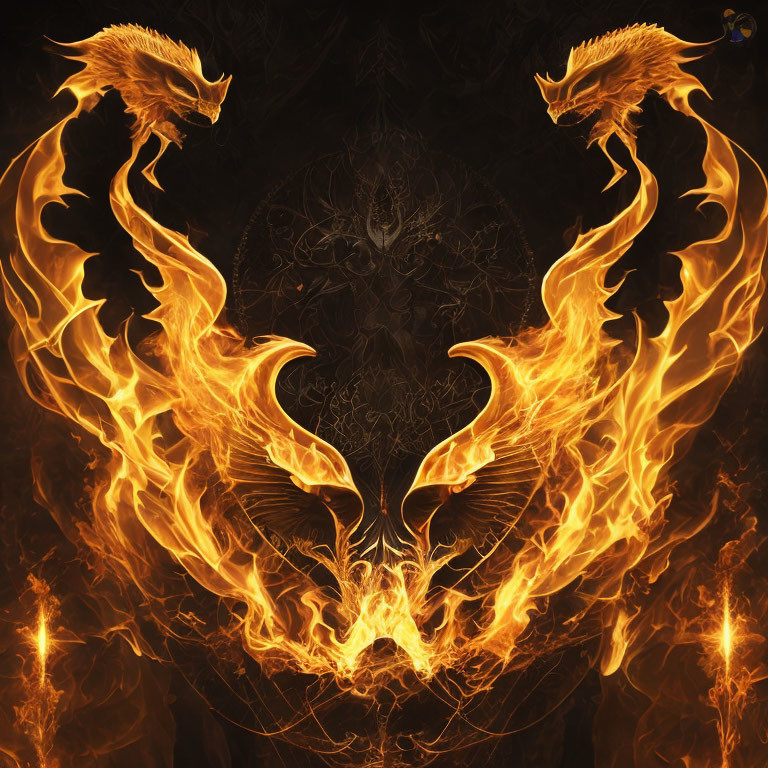 Fiery dragons in intricate flame patterns on dark backdrop