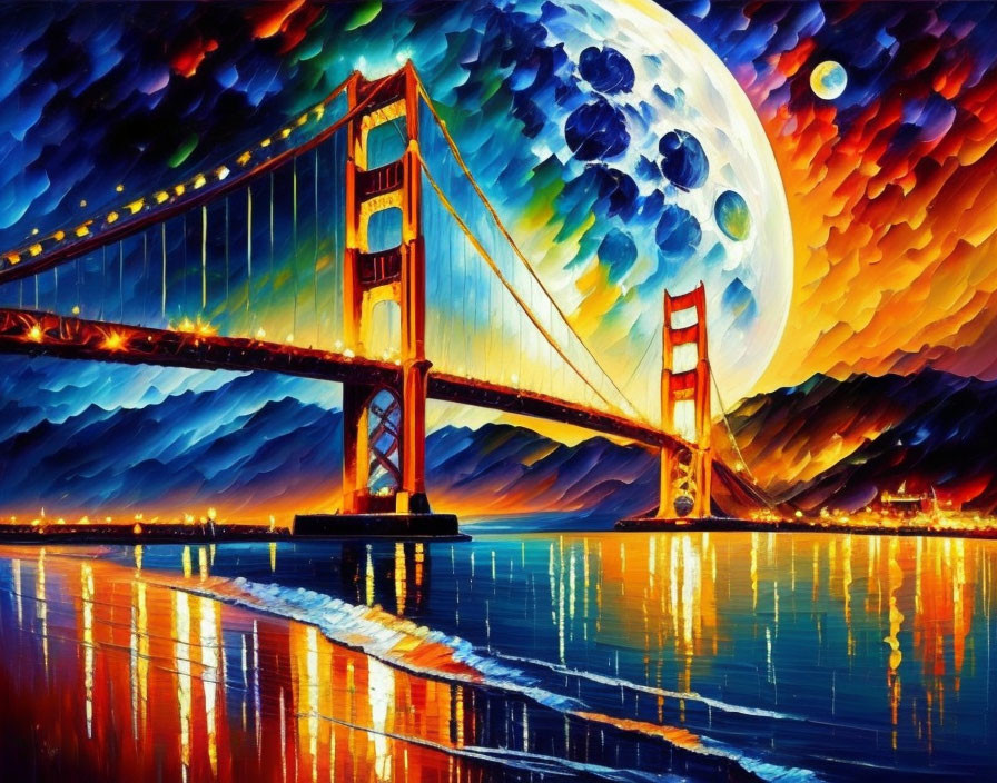 Nighttime painting of Golden Gate Bridge with moon, reflective water, and colorful sky