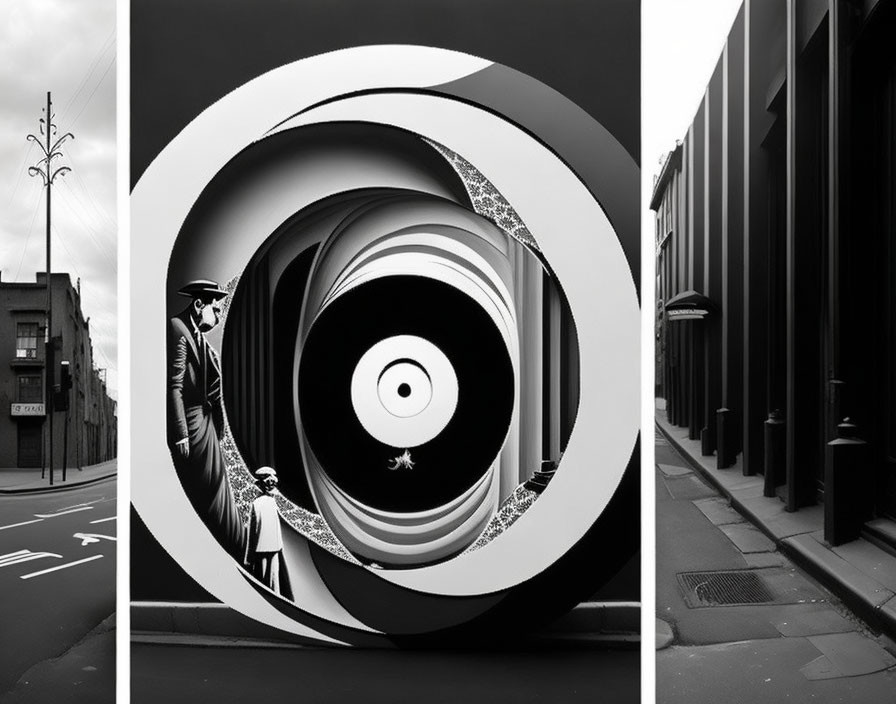 Surreal black and white composite image with spiraling optical illusion and man in suit