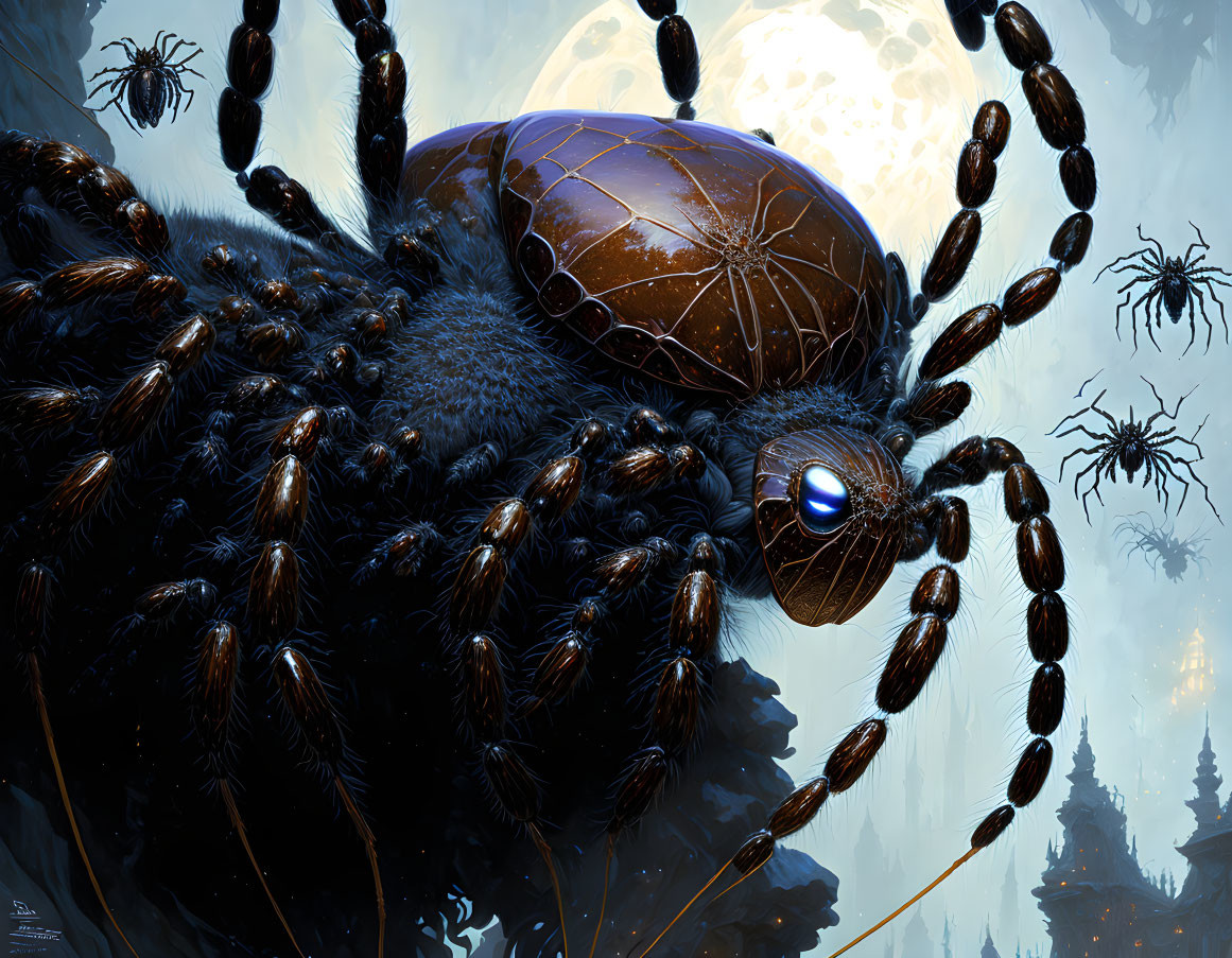 Digital Artwork: Giant Spider Creature with Moon and Towers