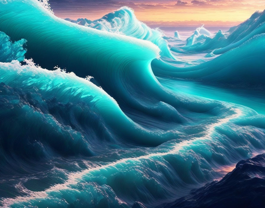 Surreal digital artwork: Towering teal waves under dramatic sky