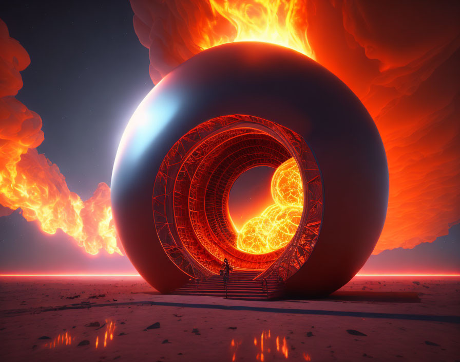 Futuristic red-glowing torus portal on alien landscape with molten eruptions