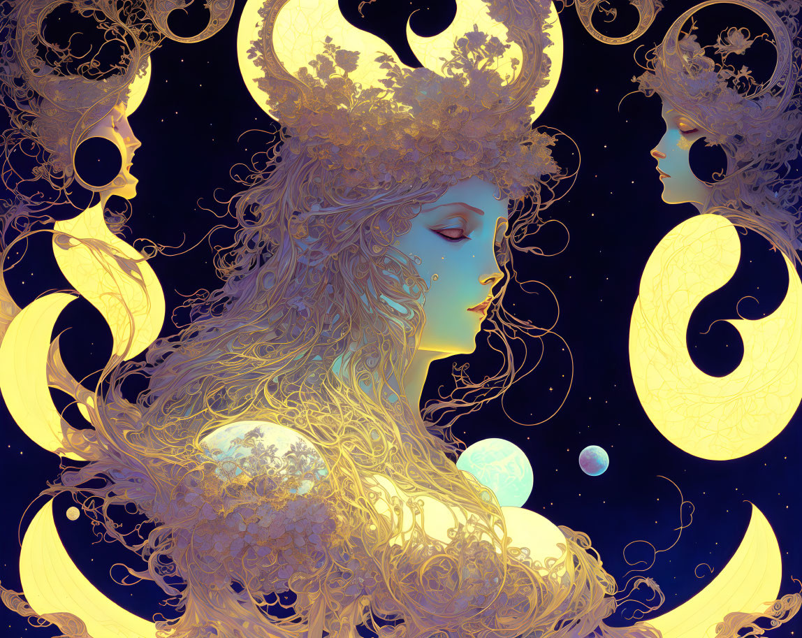 Ethereal female figures with ornate headdresses in cosmic setting