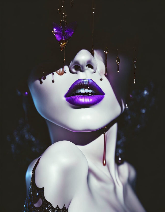 Person with glossy purple lips, gold liquid, and purple butterfly on dark background