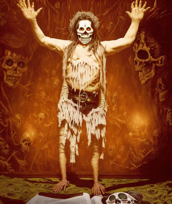 Skeleton costume with skull mask in front of skull backdrop