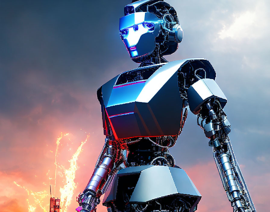 Futuristic robot with glossy metallic body and blue illuminated features in dramatic sky.