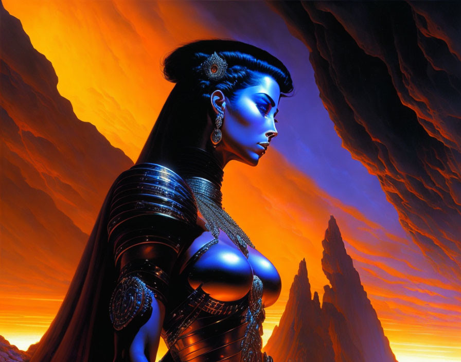 Digital artwork: Woman with blue skin in futuristic armor on fiery landscape