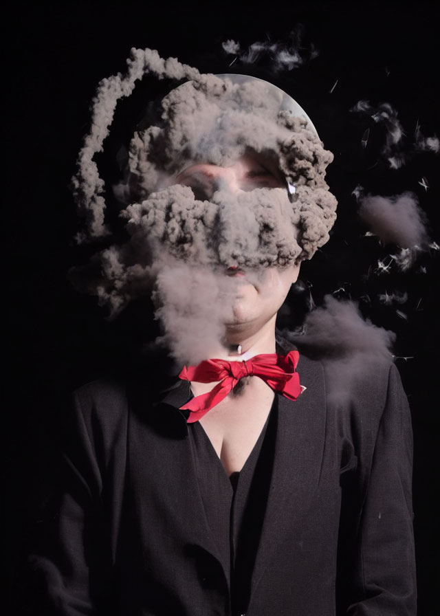 Mysterious figure in smoke with dark blazer and red bow tie