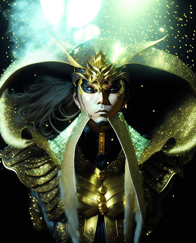 Majestic fantasy character in golden mask and starlight cloak