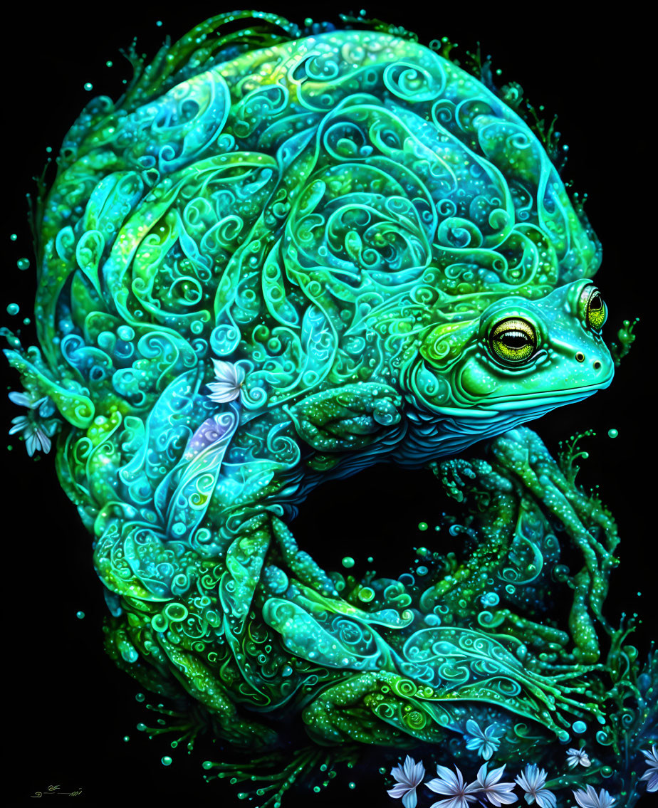 Neon-green stylized frog drawing with swirling patterns and florals