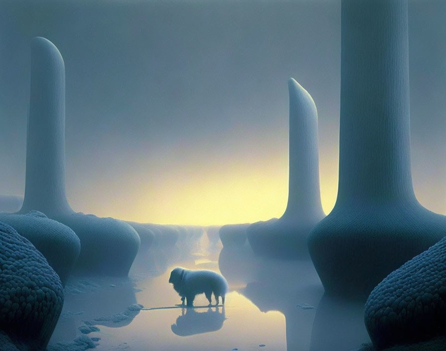 Sheep in surreal landscape with towering structures and misty sky