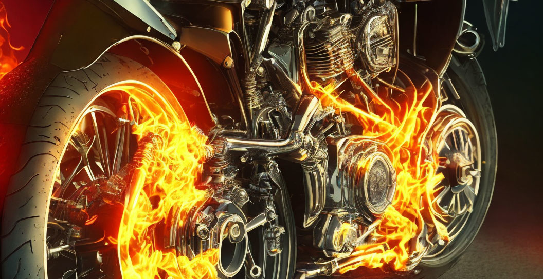 Motorcycle with engine and exhaust in realistic flames on dark background