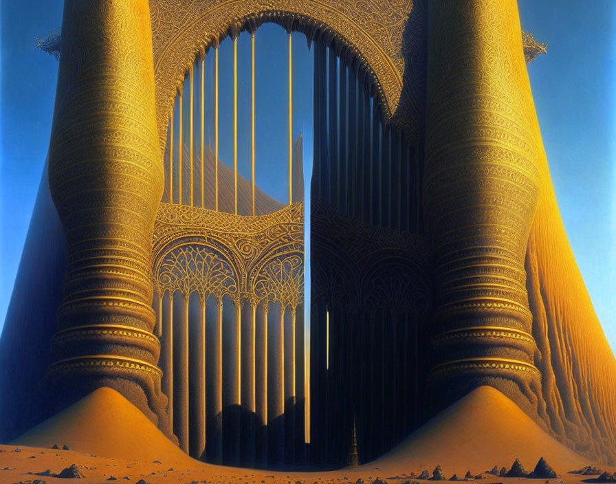 Golden harp in desert landscape under clear blue sky